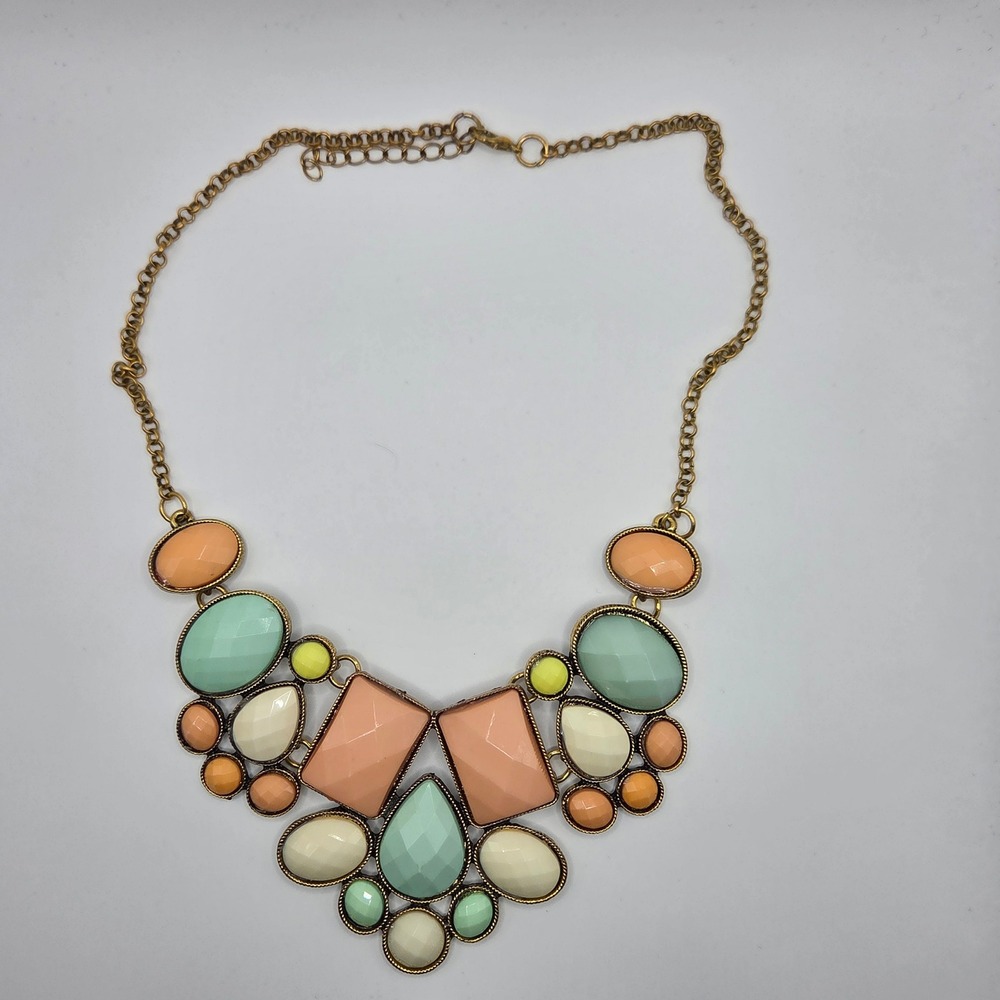 Pastel Multicolor Bib Necklace 20" Gold Tone Peach Mint Green Cream